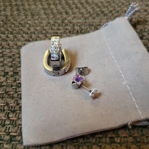 Titanium huggies & stud earrings, Aurora Borealis stones, worn once